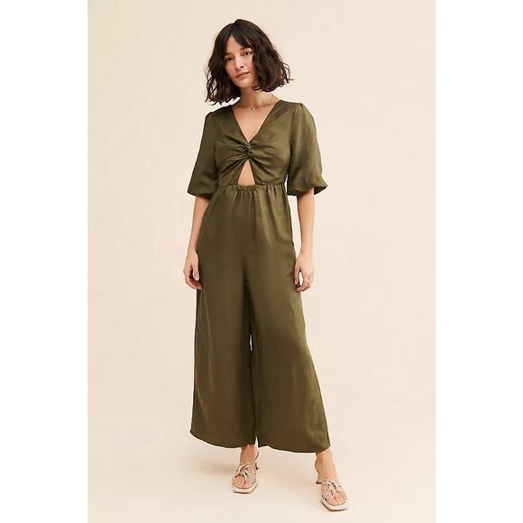 Anthropologie Pants - Anthropologie Sancia The Aida Twist Front Wide Leg Jumpsuit Green Linen Blend L